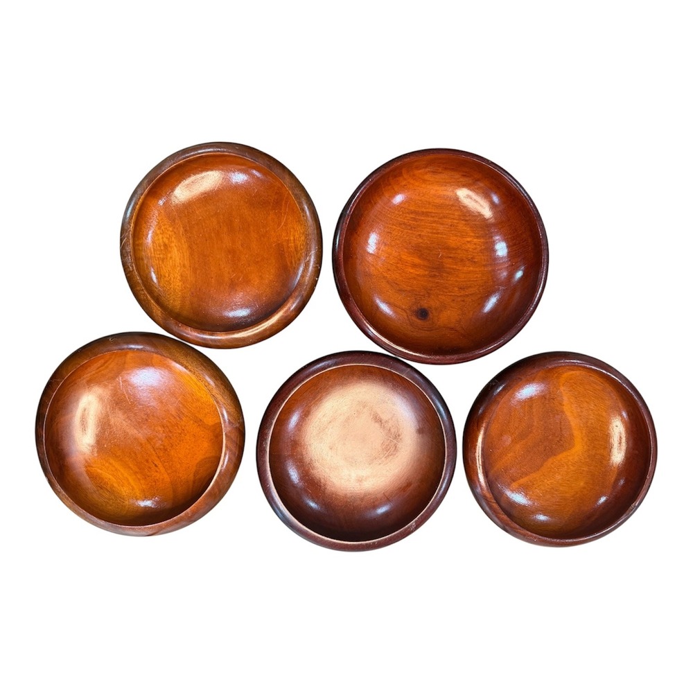 Vintage Set of 5 Hand Turned Wood Bowls Mahogany Finish Mid Century Modern Decor